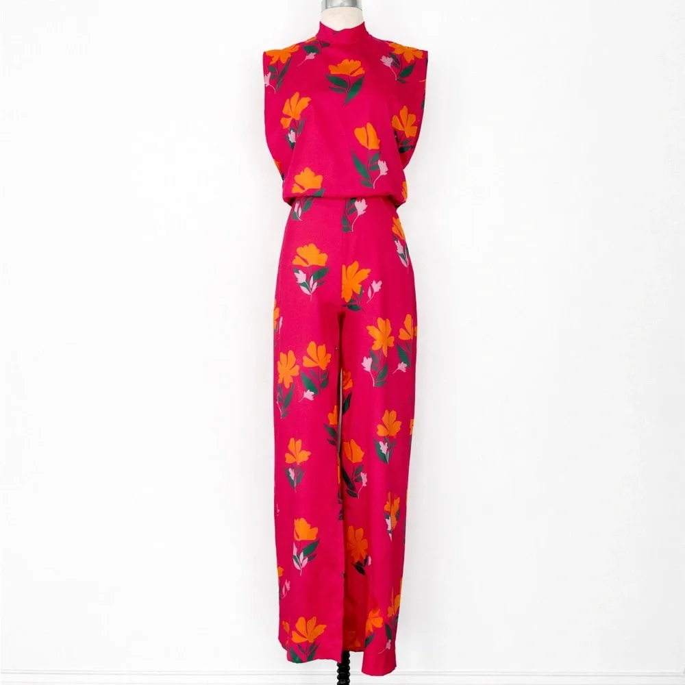 Zara Hot Pink Floral High-Neck Jumpsuit | M